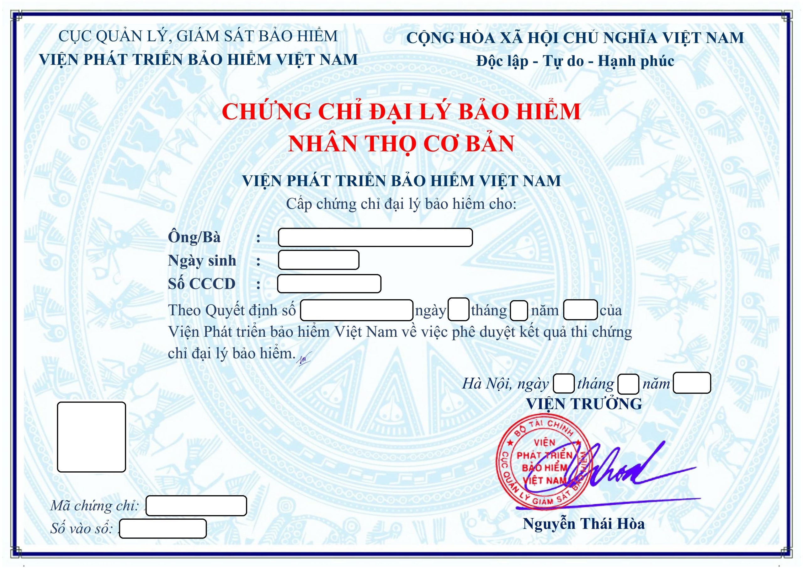 Mẫu Chứng Chỉ Đại Lý Bảo Hiểm Nhân Thọ Cơ Bản